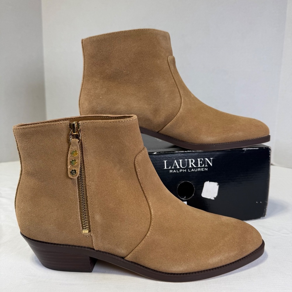 New Lauren Ralph Lauren Prudence-Bo-CSL Camel Suede Boots Shoes Women's Size 10B